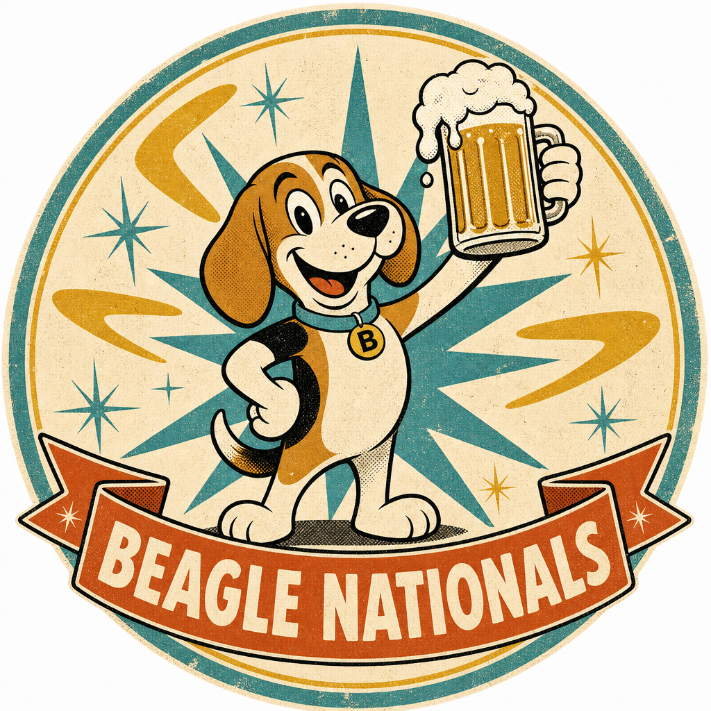 Beagle Nationals badge — a cartoon beagle raising a mug of beer